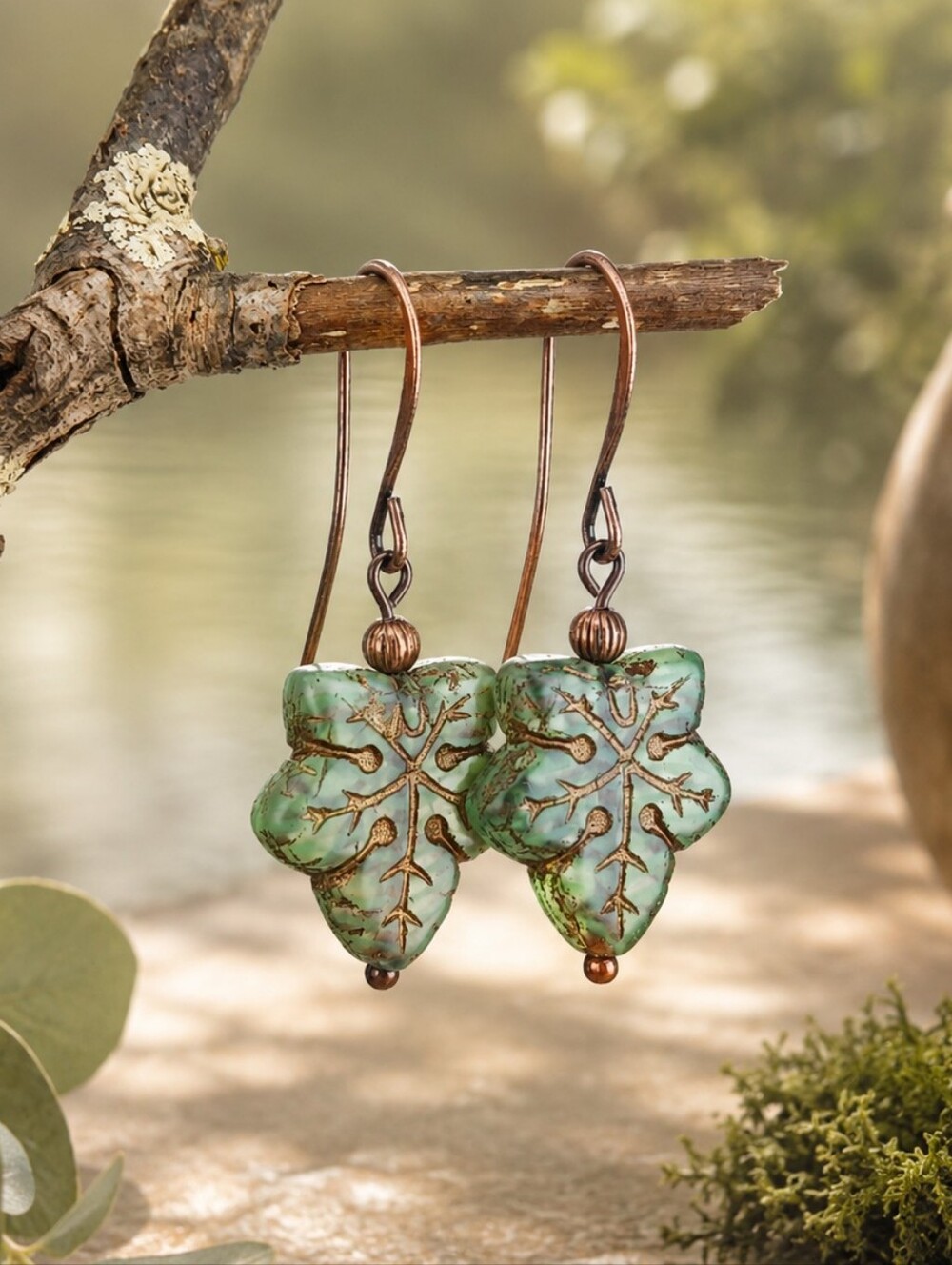 Leaf Earrings Czech Glass Copper Botanical Cottagecore Woodland Hand Crafted